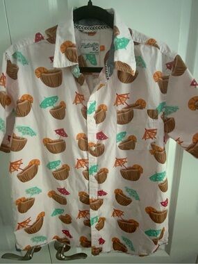 Huntington BC Button-Up Shirt with Brown Coconut & Multicolor Umbrella Print